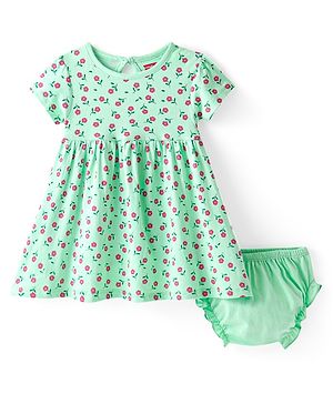 Babyhug 100% Cotton Half Sleeves Frock & Bloomer With Floral Print - Green