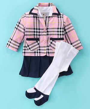 ToffyHouse Cotton Partywear Frock with Full Sleeves Checkered Coat & Stockings - Pink