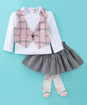 ToffyHouse Full Sleeves Top and Skirt Set With Checkered Waistcoat & Tights - White & Pink