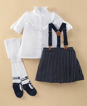 ToffyHouse 100% Woven Cotton Full Sleeves Top & Skirt Set with Suspender & Stockings - White & Navy Blue
