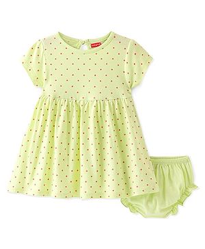 Babyhug 100% Cotton Knit Half Sleeves Frock with Bloomer Star Print - Yellow