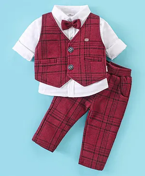 Mom's pet Fleece  Full Sleeves Solid Shirt With Plaid Tartan Checked Waistcoat & Coordinating Pre Winter Pant Set  - Red