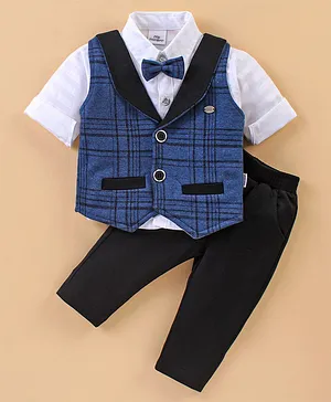 Mom's pet Fleece  Full Sleeves Solid Shirt With Plaid Tartan Checked Waistcoat & Coordinating Pre Winter Pant Set -  Blue