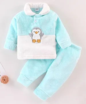 Mom's pet Full Sleeves Fur Penguin Embroidered Colour Blocked Winter Tee & Pajama Set - Blue