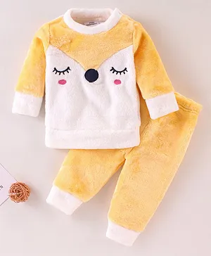 Mom's pet Full Sleeves Fur Fox Face Detailed Colour Blocked Winter Tee & Pajama Set - Yellow