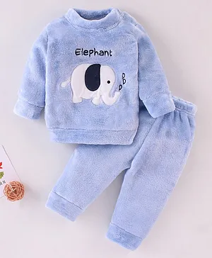 Mom's pet Full Sleeves Fur Elephant Embroidered Pre Winter Tee & Pajama Set - Blue