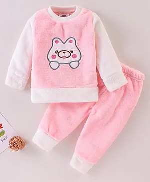 Mom's pet Full Sleeves Fur Teddy Embroidered Winter Tee & Pajama Set - Pink