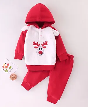 Mom's pet Full Sleeves Fur Lined Deer Face Patch Embroidered Hooded Sweatshirt & Jogger Winter Suit - Red