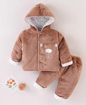 Mom's pet Full Sleeves  Fur Lined  Bear Face Embroidered  Hooded Jacket & Pant  Suit - Brown