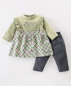 Mom's pet Full Sleeves Cute Text Embroidered Frill Detailed & Plaid Checked  Pre Winter Dress With Legging - Green