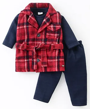 Mom's pet Fleece Full Sleeves Plaid Checked Coat With  Top & Legging For Winter - Red