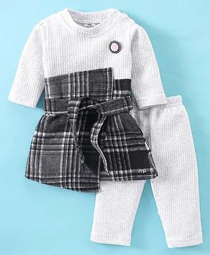 Mom's pet Fleece Full Sleeves Striped Designed & Plaid Checked Detailed  Frock With Legging For Winter - Grey