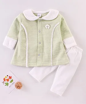 Mom's pet  Full Sleeves Fur Lined Flower Applique Detailed Winter Dress & Leggings -  Green