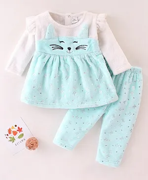 Mom's pet  Full Sleeves Kitty Face Embroidered & Star Foil Printed Fur Dress With Leggings - Blue