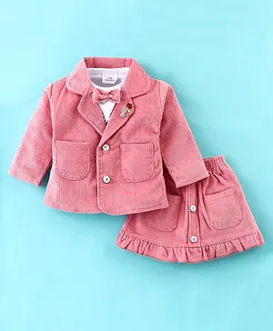 Mom's pet Full Sleeves  Striped Detailed  Jacket & Coordinating Skirt With Tee For Pre Winter - Peach