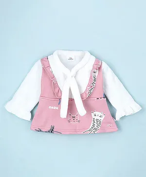 Mom's pet Full Sleeves Cat Face  Printed Pre Winter Dress -  Peach