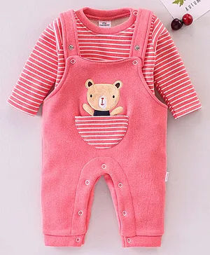 Mom Pet Full Sleeves  Striped Top & Teddy Embroidered  Pocket Winter Dungaree Romper -  Red