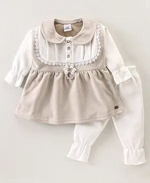 Mom's pet Full Sleeves Floral Applique & Lace Embellished Pre Winter Dress With Legging - Brown