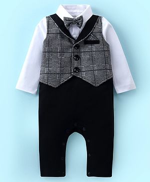 Mark & Mia Full Sleeves Partywear Checkered Romper with Bow Tie - Black & White