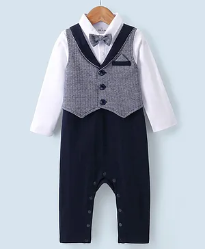 Mark & Mia Full Sleeves Party Wear Romper with Bow Detailing & Yarn Dyed Checks Waist Coat - Grey & Navy Blue