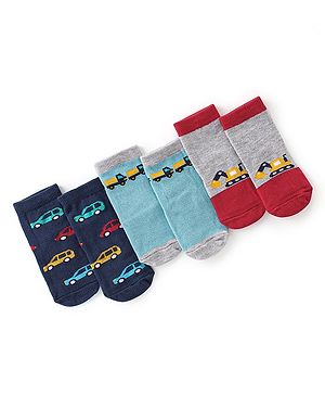 Cute Walk By Babyhug Cotton Knit Anti Bacterial Ankle Length Socks Car Design Pack Of 3 - Multicolour