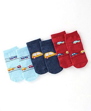 Cute Walk By Babyhug Cotton Knit Anti Bacterial Ankle Length Socks Car Design Pack Of 3 - Multicolour