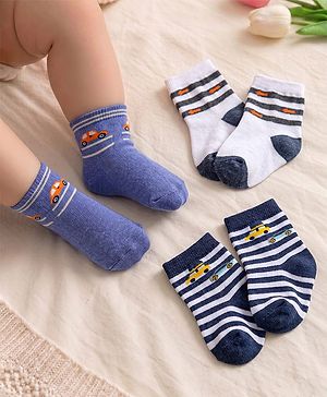 Cute Walk By Babyhug Cotton Knit Anti Bacterial Ankle Length Socks Car Design Pack Of 3 - Multicolour
