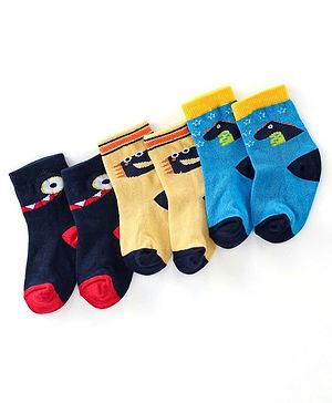 Cute Walk By Babyhug Cotton Knit Anti Bacterial Ankle Length Socks Crocodile Design Pack Of 3 - Multicolour