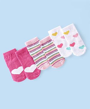 Cute Walk By Babyhug Cotton Knit Anti Bacterial Ankle Length Socks Heart Design Pack Of 3 - Multicolour
