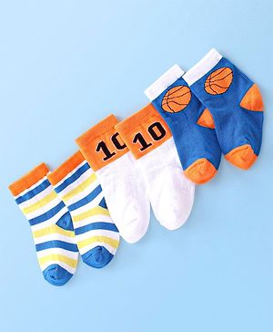 Cute Walk By Babyhug Cotton Knit Anti Bacterial Ankle Length Socks Basket Ball Design Pack Of 3 - Multicolour