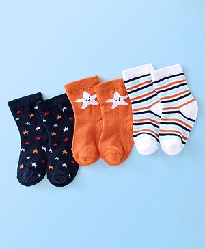 Cute Walk By Babyhug Cotton Knit Anti Bacterial Ankle Length Socks Star Design Pack Of 3 - Multicolour