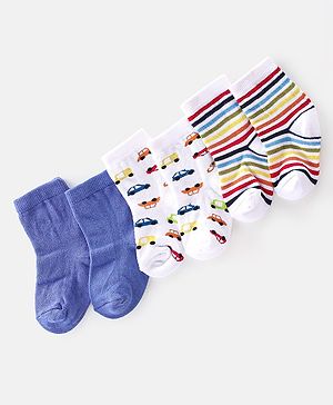 Cute Walk By Babyhug Cotton Knit Anti Bacterial Ankle Length Socks Car Design Pack Of 3 - Multicolour