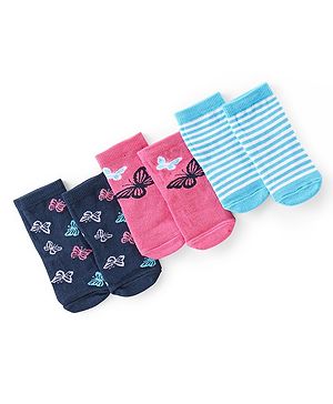 Cute Walk By Babyhug Cotton Knit Anti Bacterial Ankle Length Socks Butterfly Design Pack Of 3 - Multicolour