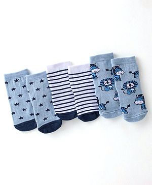 Cutewalk By Babyhug Anti Bacterial Ankle Length Socks Lion Design Pack Of 3 - Blue