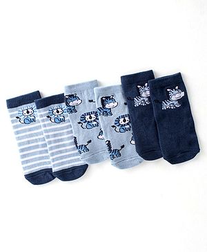 Cute Walk By Babyhug Anti Bacterial Ankle Length Socks Lion & Zebra Design Pack Of 3 - Blue