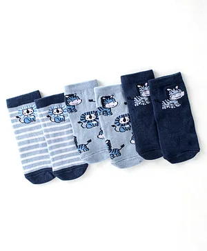 Cute Walk By Babyhug Anti Bacterial Ankle Length Socks Lion & Zebra Design Pack Of 3 - Blue