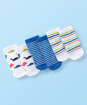 Cute Walk By Babyhug Anti Bacterial Ankle Length Socks Striped & Dino Design Pack Of 3 - Blue & White
