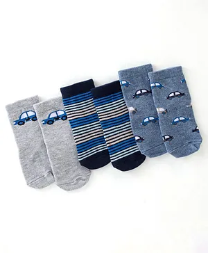 Cute Walk By Babyhug Anti Bacterial Ankle Length Socks Striped & Car Design Pack Of 3 - Blue & Grey