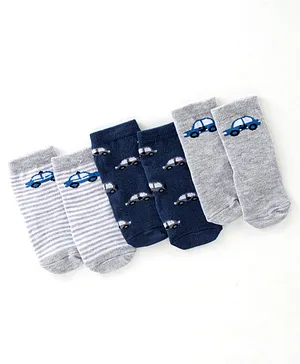 Cute Walk By Babyhug Anti Bacterial Ankle Length Socks Striped & Car Design Pack Of 3 - Blue & Grey