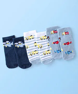 Cute Walk By Babyhug Anti Bacterial Ankle Length Socks Striped & Aircraft Design Pack Of 3 - Blue White & Grey