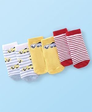 Cute Walk By Babyhug Anti Bacterial Ankle Length Socks Striped & Car Design Pack Of 3 - Red Yellow & Grey