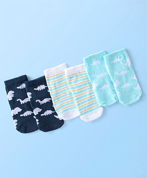 Cute Walk By Babyhug Anti Bacterial Ankle Length Socks Striped & Dino Design Pack Of 3 - Blue & White