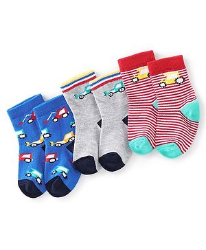 Cute Walk By Babyhug Anti Bacterial Ankle Length Socks Stripes & Construction Vehicle Design Pack Of 3 - Grey Red & Blue