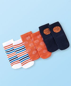 Cute Walk By Babyhug Anti Bacterial Ankle Length Socks Stripes & Basket Ball Design Pack Of 3 - Orange White & Blue