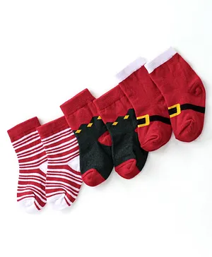 Cute Walk By Babyhug Anti Bacterial Ankle Length Socks Striped Pack Of 3 - Red & Black