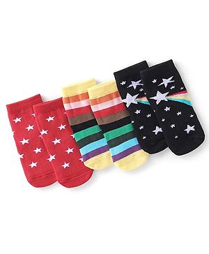 Cute Walk By Babyhug Anti Bacterial Ankle Length Socks Stripes & Star Design Pack Of 3 - Black & Red