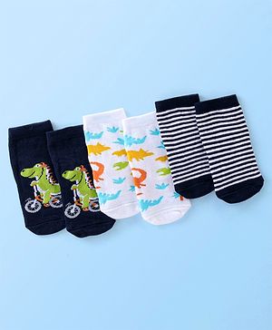 Cute Walk By Babyhug Anti Bacterial Ankle Length Socks Striped & Dino Design Pack Of 3 - Blue & White