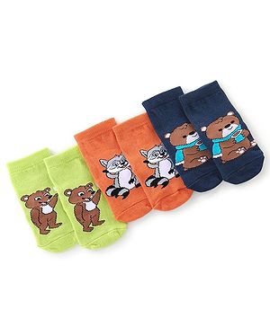 Cute Walk By Babyhug Anti Bacterial Ankle Length Socks Bear Design Pack Of 3 - Green Orange & Blue
