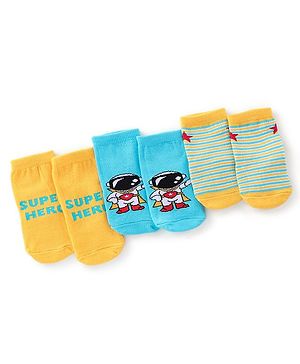 Cute Walk by Babyhug Ankle Length Anti Bacterial Socks Astronaut Design Pack of 3 - Yellow & Blue