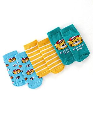 Cute Walk By Babyhug Anti Bacterial Ankle Length Socks Stripes & Tiger Design Pack Of 3 - Green Yellow & Blue
